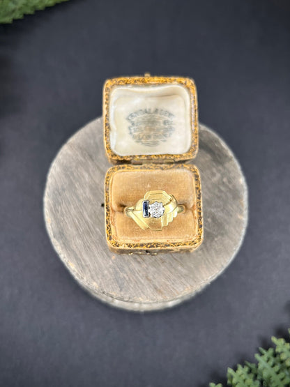 Art Deco 18 Carat Yellow Gold Sapphire and Diamond Geometric Ring, Circa 1920