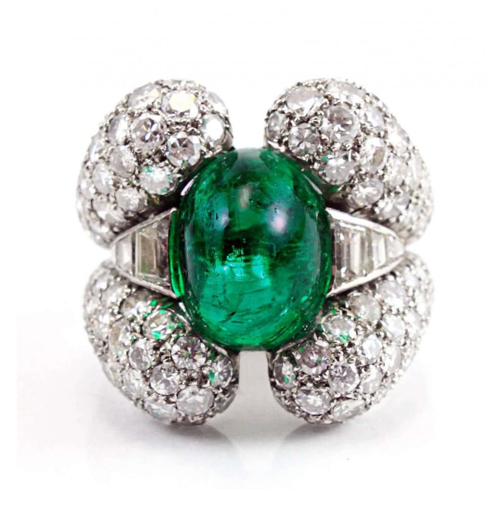 Vintage 1940s Retro 9ct Sugarloaf Cabochon Colombian Emerald and Diamond Dress Ring