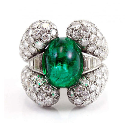 Vintage 1940s Retro 9ct Sugarloaf Cabochon Colombian Emerald and Diamond Dress Ring