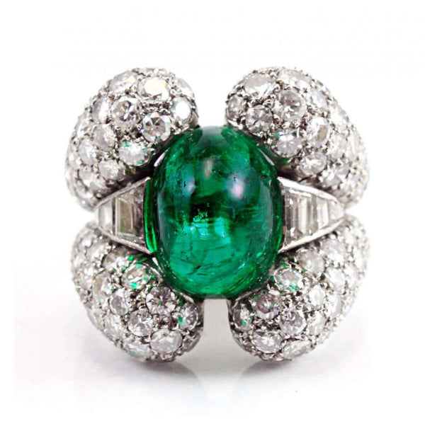 Vintage 1940s Retro 9ct Sugarloaf Cabochon Colombian Emerald and Diamond Dress Ring