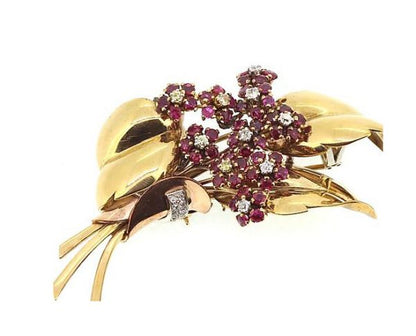 Vintage 1940's Ruby and Diamond Floral Spray Brooch in 14ct Yellow Gold