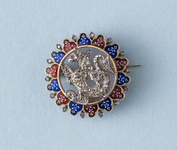 Antique Victorian Diamond and Plique A Jour Dragon Brooch; rose-cut diamond dragon surrounded by plique-a-jour, 18ct rose gold and silver, Circa 1890.
