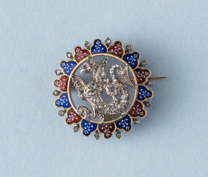 Antique Victorian Diamond and Plique A Jour Dragon Brooch; rose-cut diamond dragon surrounded by plique-a-jour, 18ct rose gold and silver, Circa 1890.