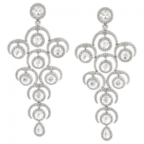 Rose Cut Diamond Grape Chandelier Drop Earrings; set with rose-cut and round brilliant-cut diamonds, 9.20 carat total. Diamonds are E/F colour VS/VVS clarity