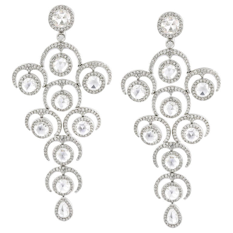 Rose Cut Diamond Chandelier Earrings, 9.20 carats, 18ct White Gold