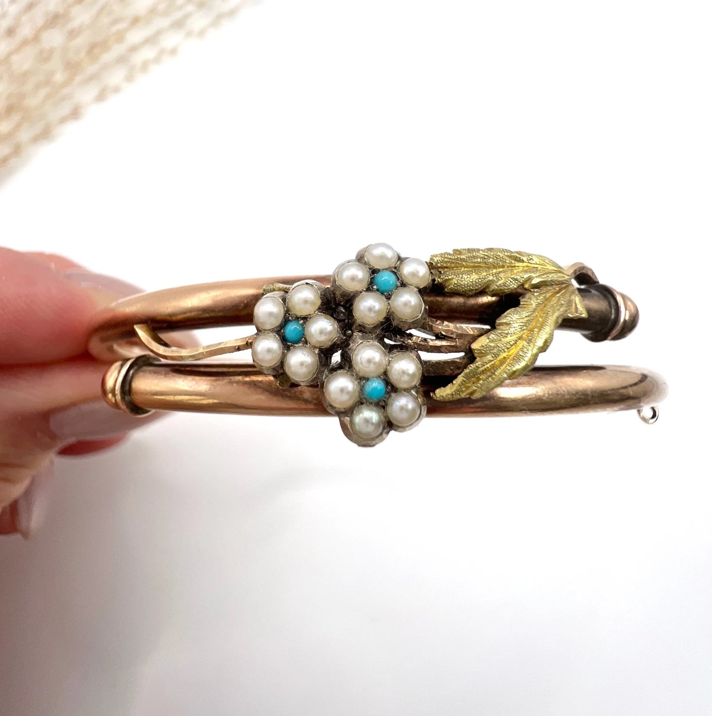 Antique 9 Carat Rose Gold Turquoise and Seed Pearl Forget Me Not Bangle, Circa 1910