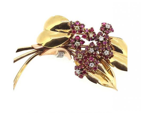Vintage 1940's Ruby and Diamond Floral Spray Brooch in 14ct Yellow Gold