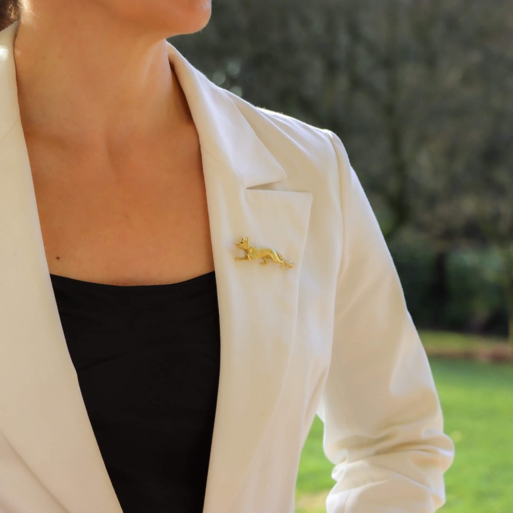 Yellow Gold Fox Brooch with Diamond and Rubies