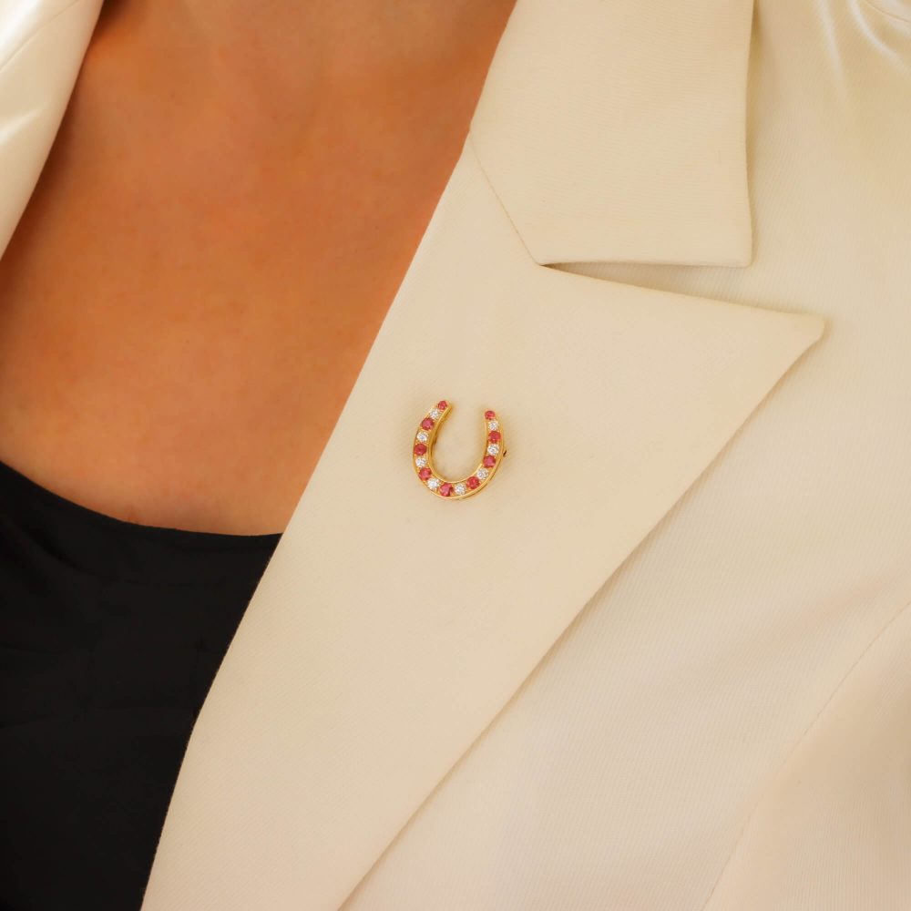 Ruby and Diamond Lucky Horseshoe Brooch in 18ct Yellow Gold