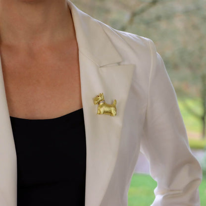 Gold Scottish Terrier Dog Pin Brooch with Diamonds and Rubies