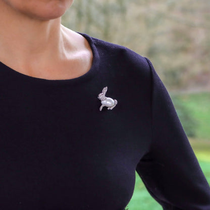 Baroque Freshwater Pearl and Diamond 18ct White Gold Rabbit Pin Brooch