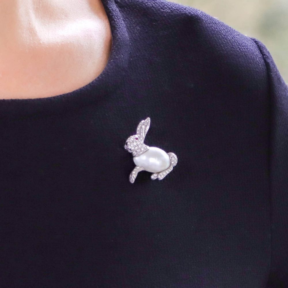Baroque Freshwater Pearl and Diamond 18ct White Gold Rabbit Pin Brooch