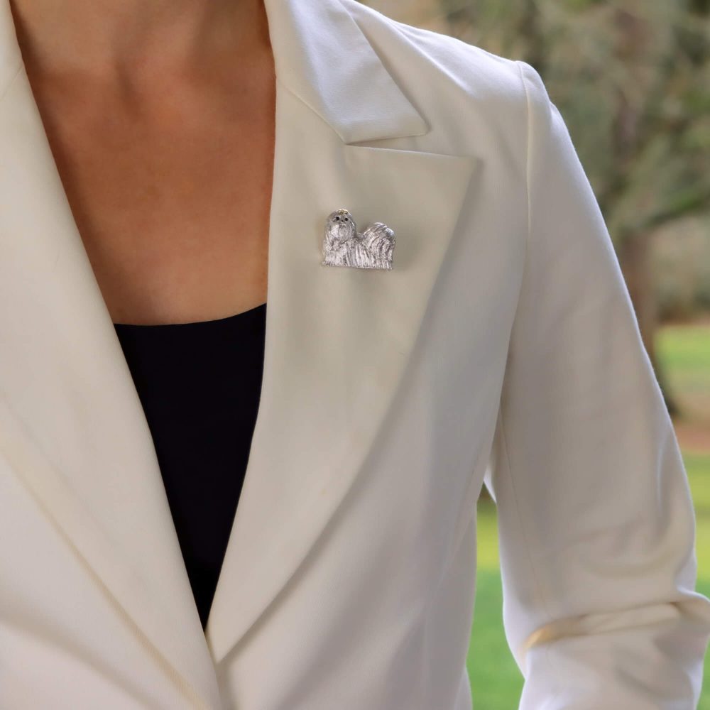 Gold Shih Tzu Dog Brooch with Sapphire Eyes and Enamel Nose