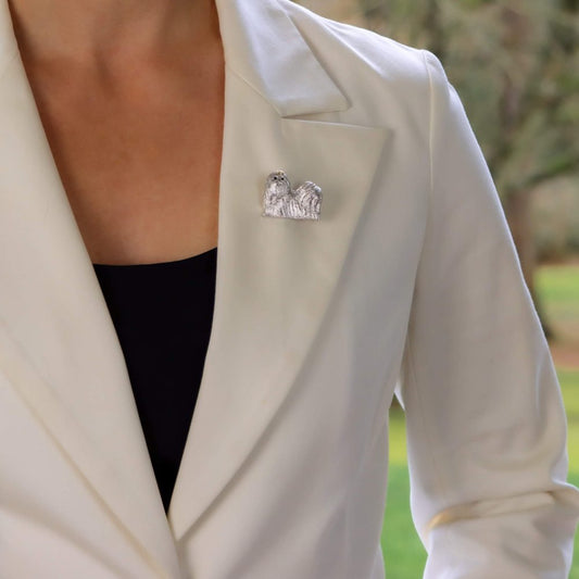 Gold Shih Tzu Dog Brooch with Sapphire Eyes and Enamel Nose