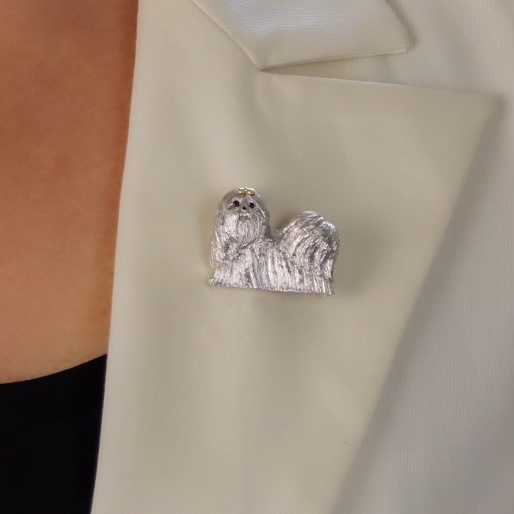 Gold Shih Tzu Dog Brooch with Sapphire Eyes and Enamel Nose