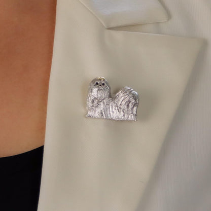 Gold Shih Tzu Dog Brooch with Sapphire Eyes and Enamel Nose