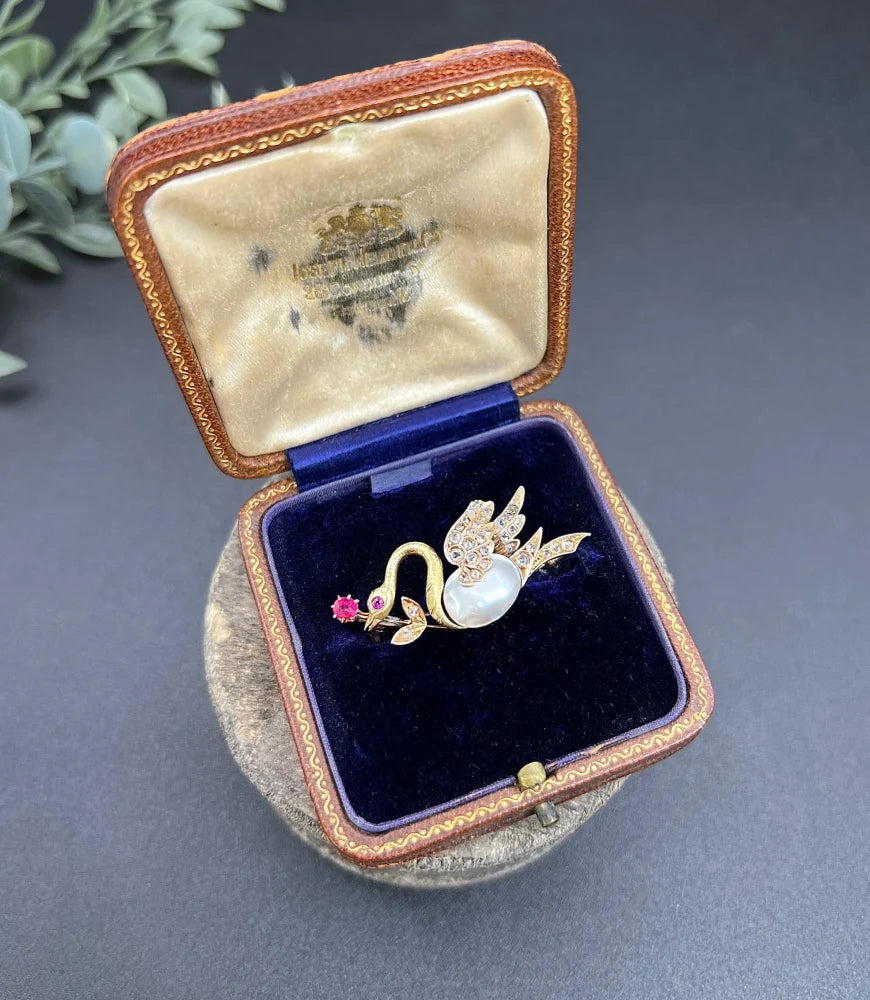 Antique Swan Brooch In 14 Carat Yellow And Rose Gold With Pearl, Rubies And Diamonds