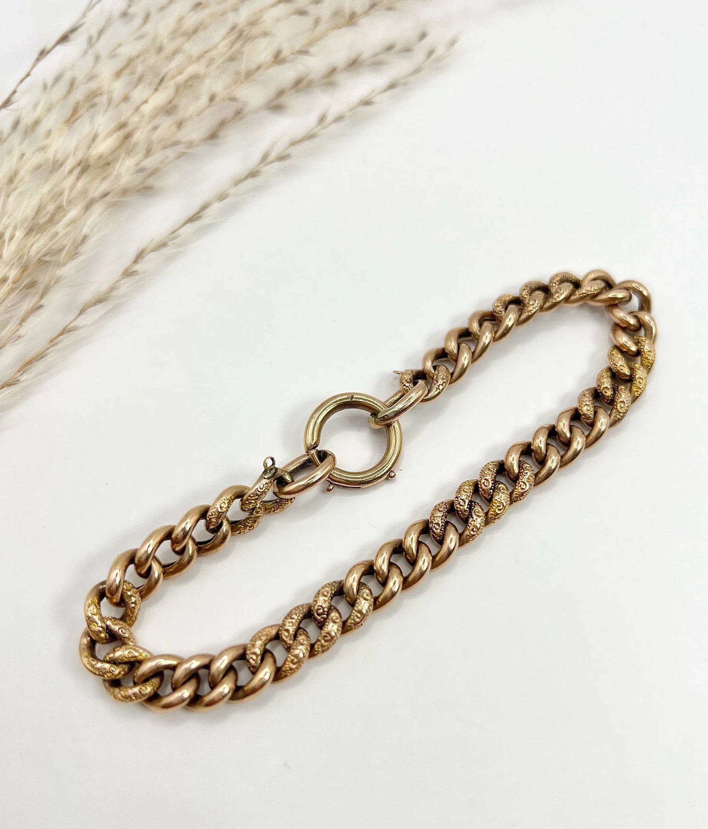Edwardian 9 Carat Rose Gold Night and Day Floral Curb Bracelet with Large Bolt Ring