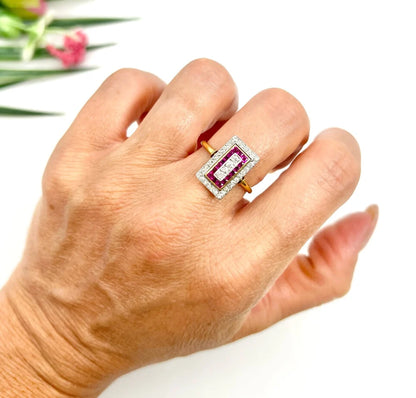 Art Deco Diamond and Ruby Cluster Tablet Ring