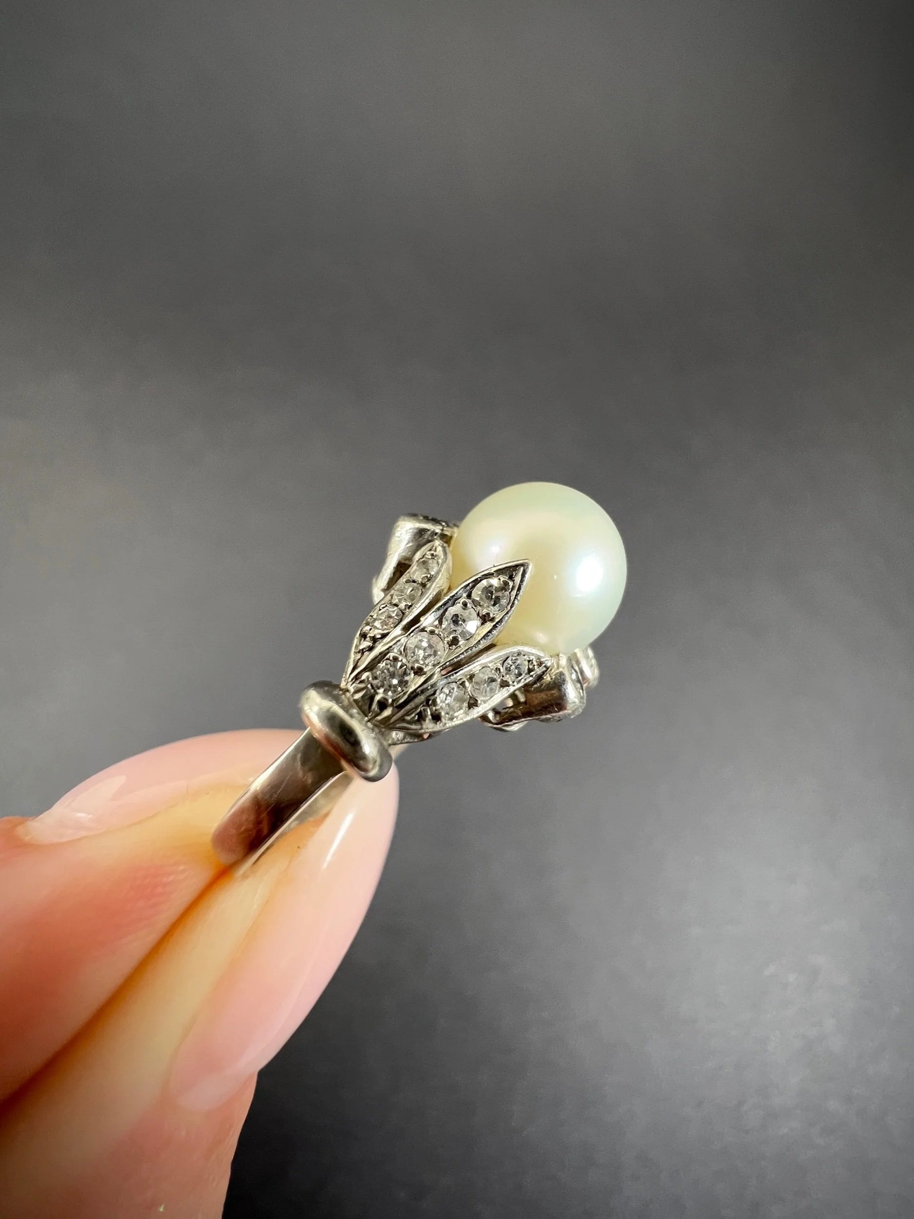 Antique 18ct White Gold, Edwardian Cultured Pearl & Old Cut Diamond Ring