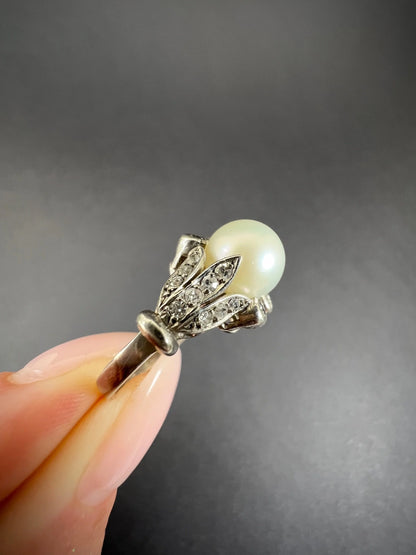Antique 18ct White Gold, Edwardian Cultured Pearl & Old Cut Diamond Ring