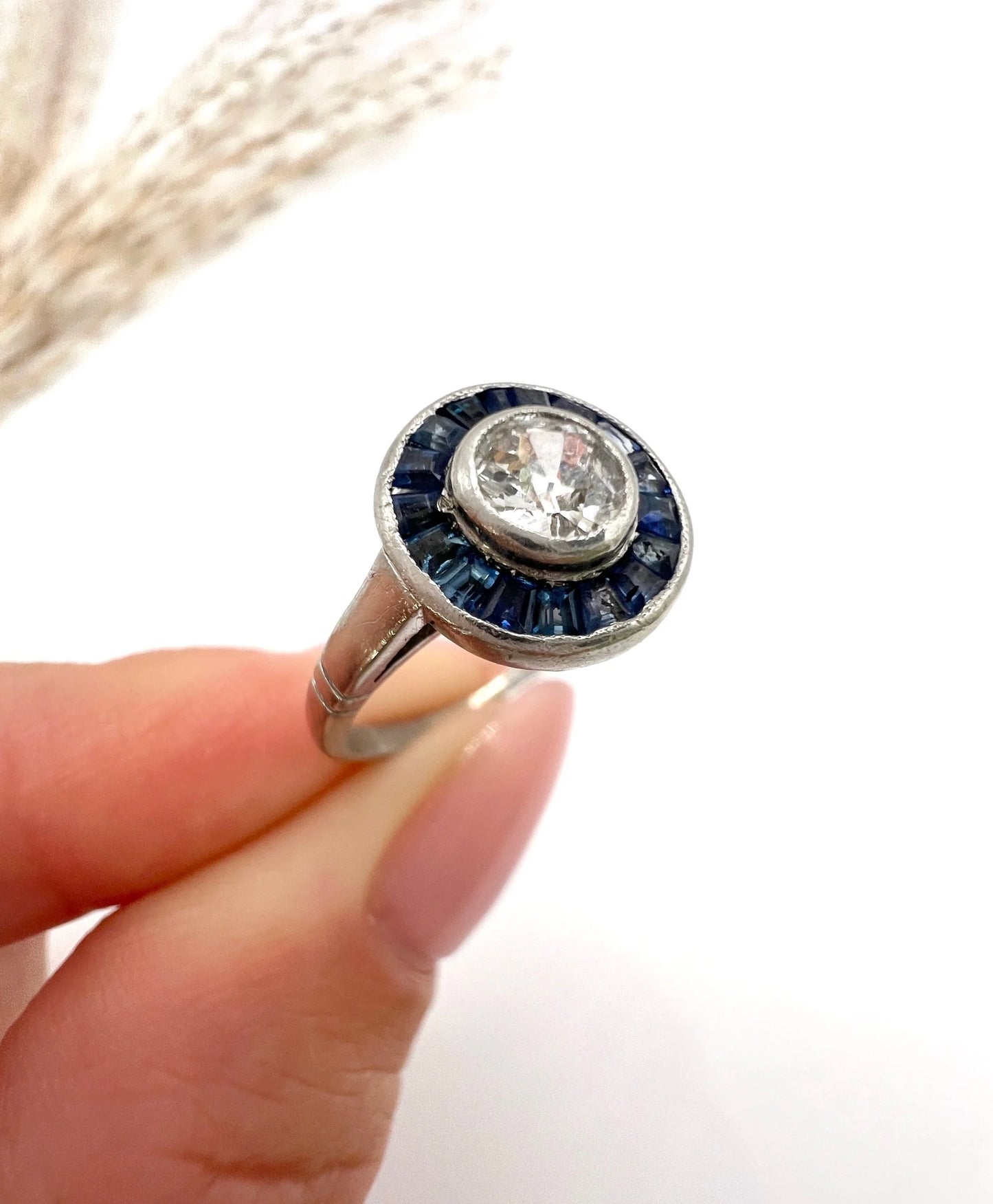 Antique Vintage Art Deco 0.35ct Old Cut Diamond and Sapphire Target Cluster Engagement Ring