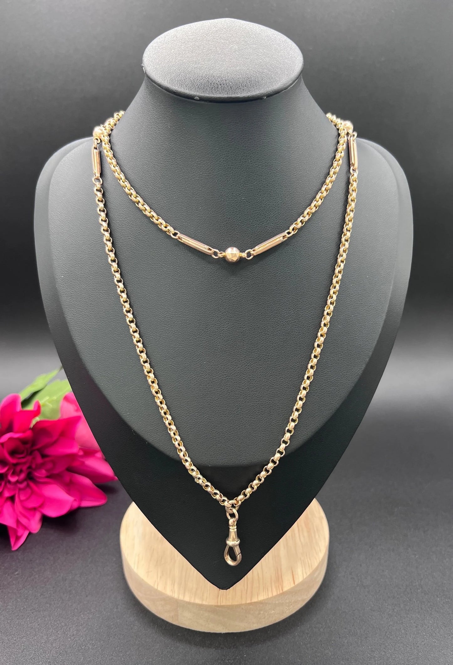 Antique 9ct Rose Gold, Edwardian Fancy Paperclip & Ball Link Belcher Chain 30 Inch