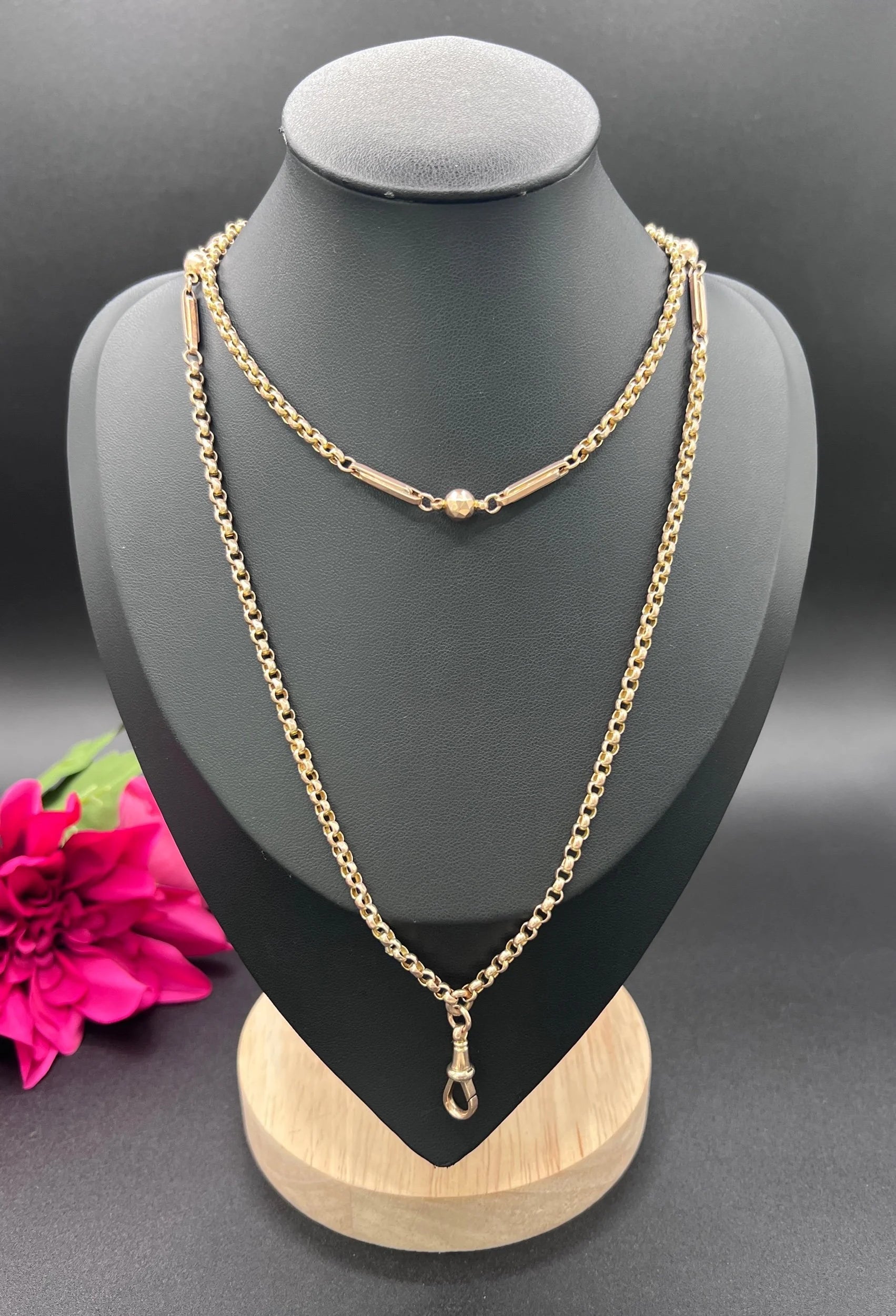 Antique 9ct Rose Gold, Edwardian Fancy Paperclip & Ball Link Belcher Chain 30 Inch