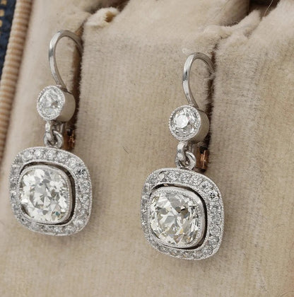 Vintage Estate Old Mine Cut Diamond Drop Earrings, 4.25 carat total
