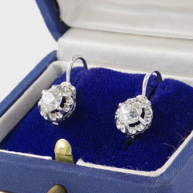 Art Deco 1.60ct Old Mine Cut Diamond Solitaire Drop Earrings