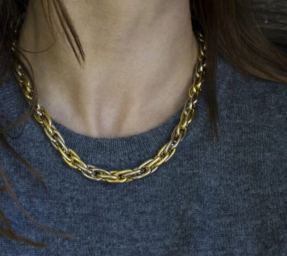 Vintage French 18ct White and Yellow Gold Fancy Link Necklace, Hallmarked with eagles head the French standard for 18ct gold, Circa 1970s