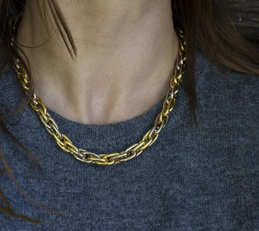 Vintage French 18ct White and Yellow Gold Fancy Link Necklace, Hallmarked with eagles head the French standard for 18ct gold, Circa 1970s