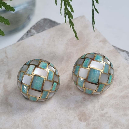 Tiffany and Co Opal and Mother of Pearl Set 18ct Yellow Gold Domed Disc Earrings with post and clip fittings