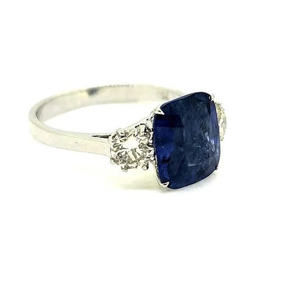 3.53ct Cushion Cut Sapphire and Diamond Three Stone Engagement Ring