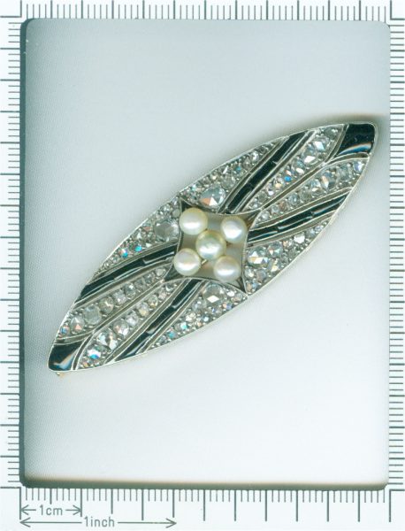 Vintage Art Deco Pearl Onyx and Diamond Brooch, Silver and Gold