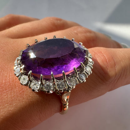 Large Vintage Amethyst and Diamond Cluster Cocktail Ring