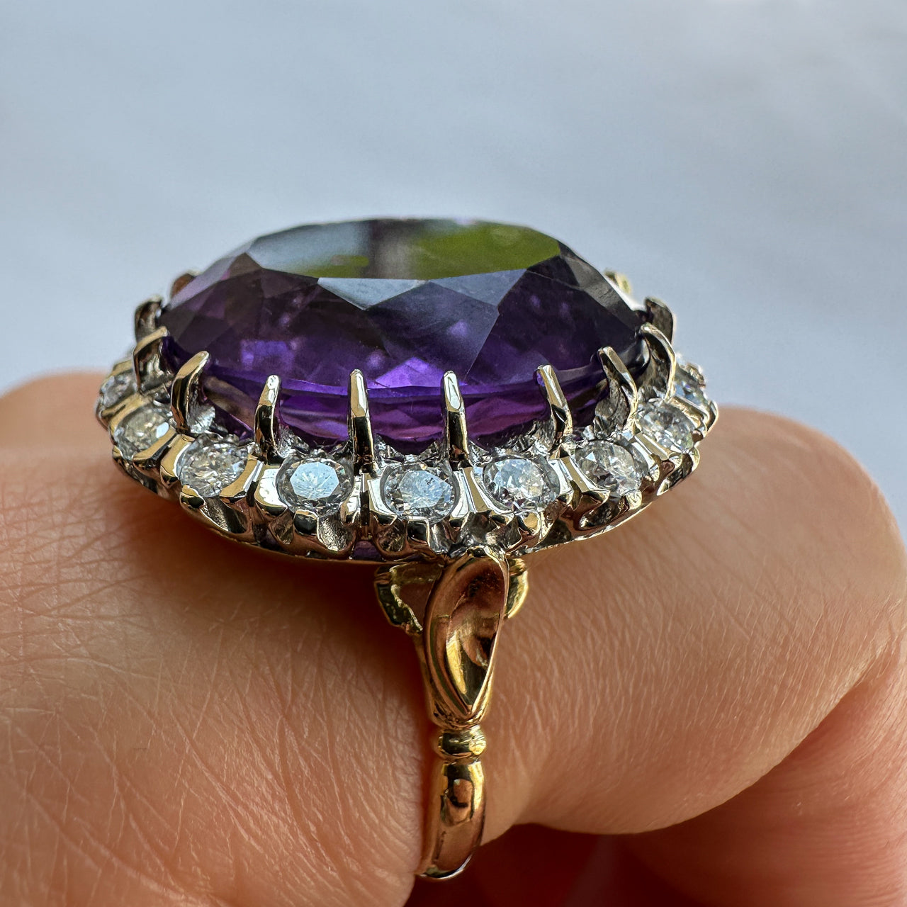 Large Vintage Amethyst and Diamond Cluster Cocktail Ring
