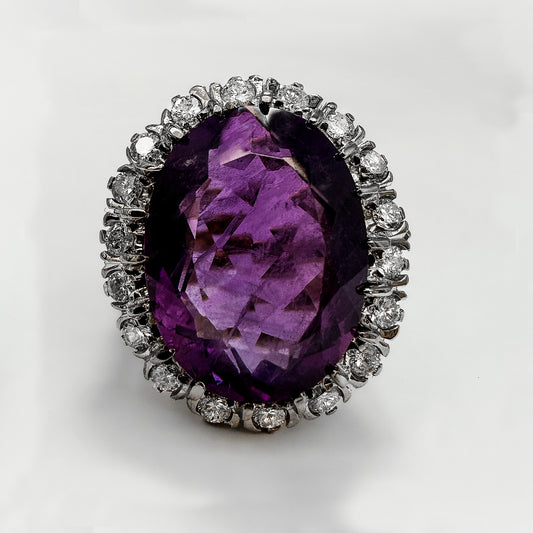 Large Vintage Amethyst and Diamond Cluster Cocktail Ring