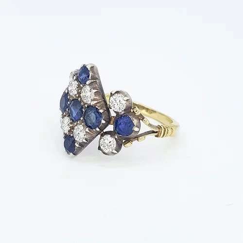 Antique Victorian Sapphire and Diamond Checkerboard Cluster Ring; diamond shaped mount set with sapphires and diamonds in checkerboard design, matching gem set shoulders, on 18ct yellow gold shank