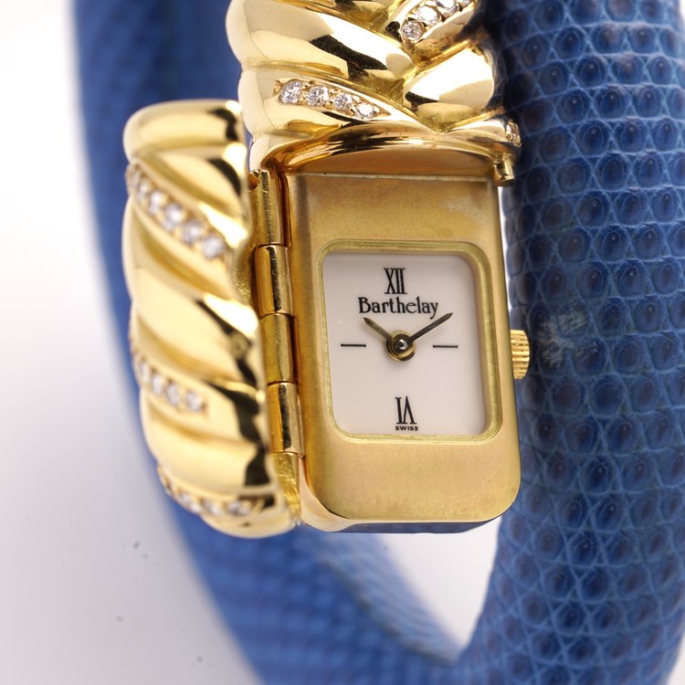 Alexis Barthelay 18ct Yellow Gold, Diamond and Blue Leather Snake Bracelet Watch