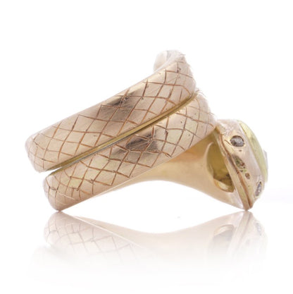 Antique 18ct Yellow Gold Coiled Snake Ring with 1.90ct Rose Cut Diamond Head and Old Cut Diamond Eyes