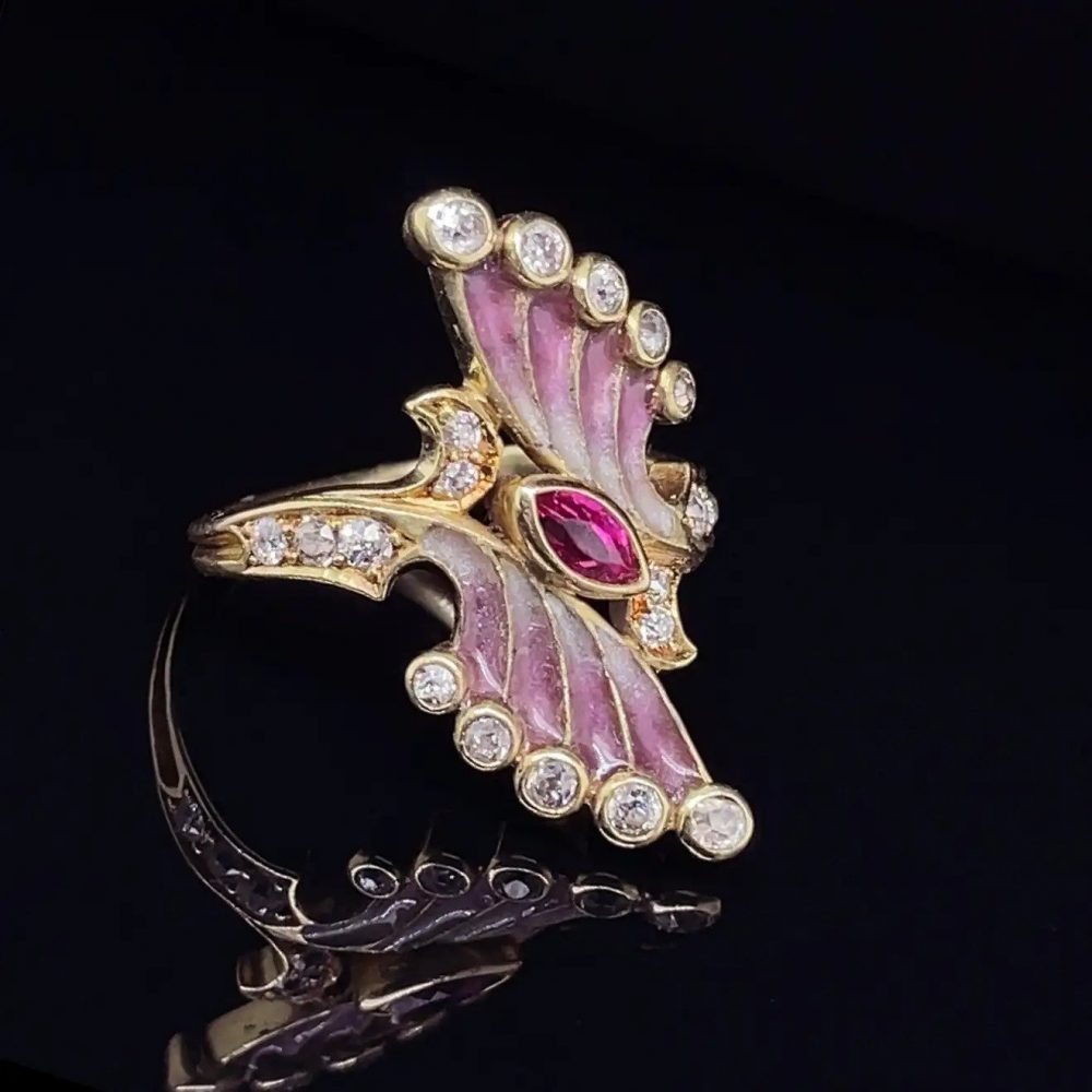 Art Nouveau Pink Plique a Jour Enamel Ruby and Diamond Ring
