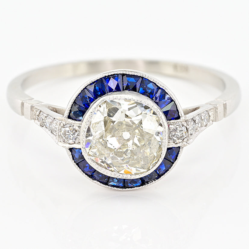 1.10ct Old Mine Cut Diamond and Sapphire Target Engagement Ring in Platinum