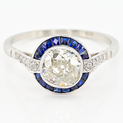 1.10ct Old Mine Cut Diamond and Sapphire Target Engagement Ring in Platinum