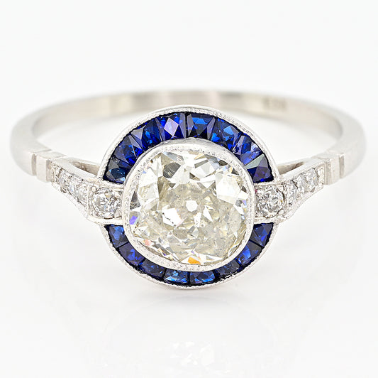 1.10ct Old Mine Cut Diamond and Sapphire Target Engagement Ring in Platinum