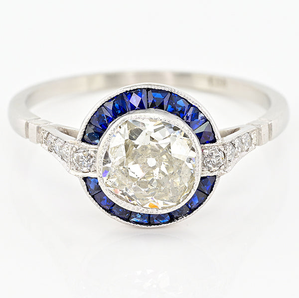 1.10ct Old Mine Cut Diamond and Sapphire Target Engagement Ring in Platinum