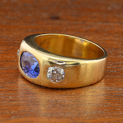 Vintage Certified 2.10ct Ceylon No Heat Sapphire and Diamond Three Stone Gypsy Ring in Chunky 18ct Yellow Gold Band
