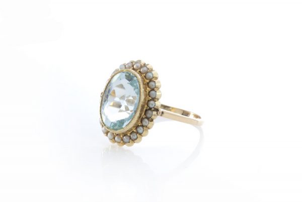 3.5ct Aquamarine and Natural Pearl Oval Cluster Ring, in 18ct Yellow Gold