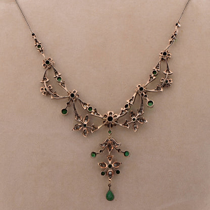 Victorian Antique Emerald and Diamond Floral Cluster Necklace in original antique fitted box