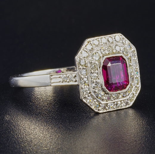 Art Deco 1.15ct Natural Siam Ruby and Diamond Octagonal Double Cluster Ring